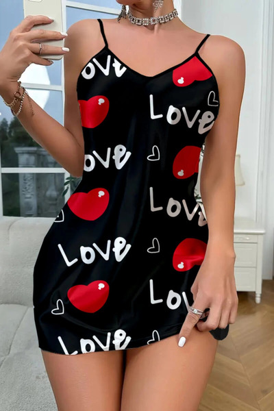 toyigoo Love Patterned Black Satin Nightgown Tygoo-Rshb3456