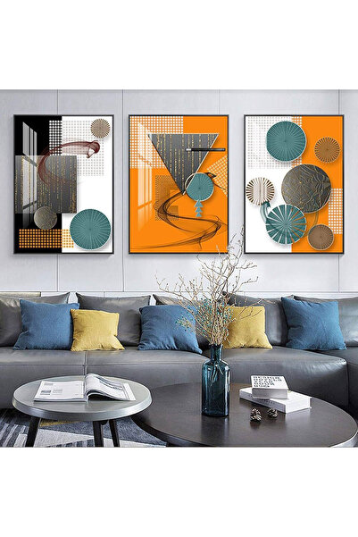 Linacci Комплект от 3 черни метални рамки с оранжеви геометрични картини от истинско стъкло