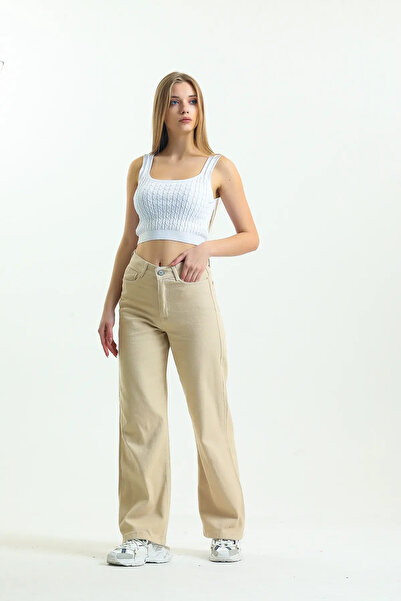 kleshus Γυναικείο παντελόνι κρεμ casual Palazzo Lycra Jeans New Season-5