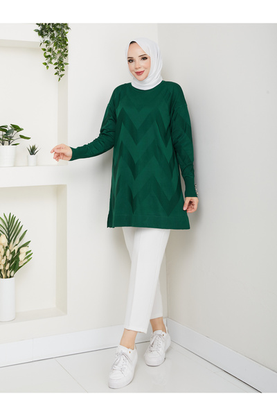 KMKkombin Women's Terry Fabric Sleeve Button Detail Self-Patterned Circular Neck Tunic