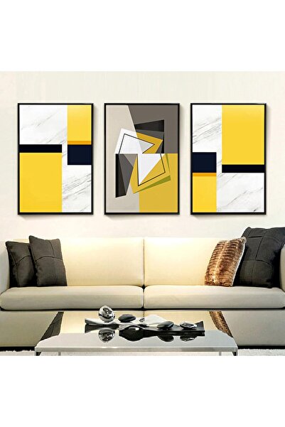 Linacci Set de 3 tablouri din sticlă reală abstractă galbenă cu cadru metalic negru