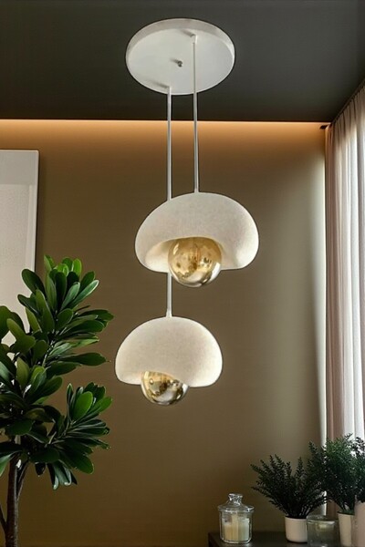 Storizaa Beyaz Dekoratif 2'Li Sarkıt Avize Bohem Beton Görünüm Rustik E27 Modern Avize (E27 Ampul Dahildir.)