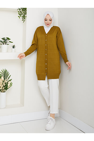 KMKkombin Women's Buttoned Sleeve-Ended Ribbed Knit Cardigan