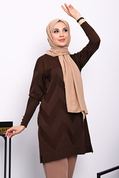 İmajButik Brown Cold Yarn Crew Neck Knitwear Tunic
