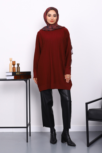 İmajButik Burgundy Mercerized Ribbed Casual Tunic