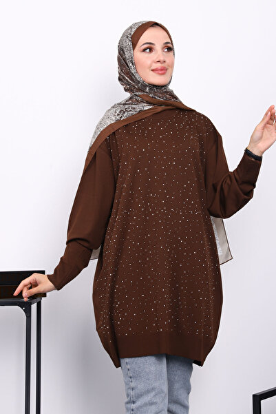 İmajButik Καφέ τουνίκ με λαιμόκοψη και κεντημένο με πέτρα