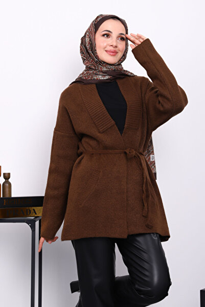 İmajButik Καφέ πλεκτή ζακέτα με τσέπες στη μέση