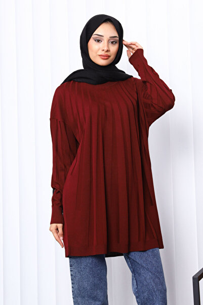 İmajButik Burgundy Crew Neck Mercerized Knitwear Tunic