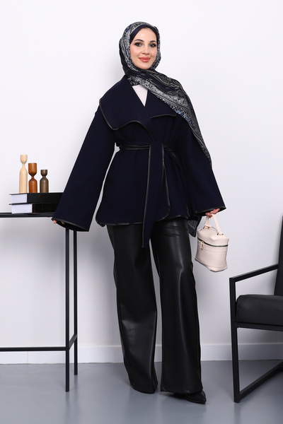 İmajButik Navy Blue Leather Trim Shawl Collar Cashmere Jacket