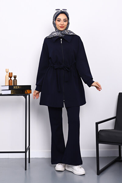 İmajButik Σετ παντελόνι μοντέρνο με δεμένο μέση σε μπλε ναυτικό χρώμα