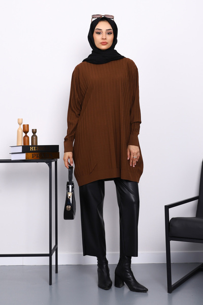 İmajButik Brown Mercerized Ribbed Casual Tunic
