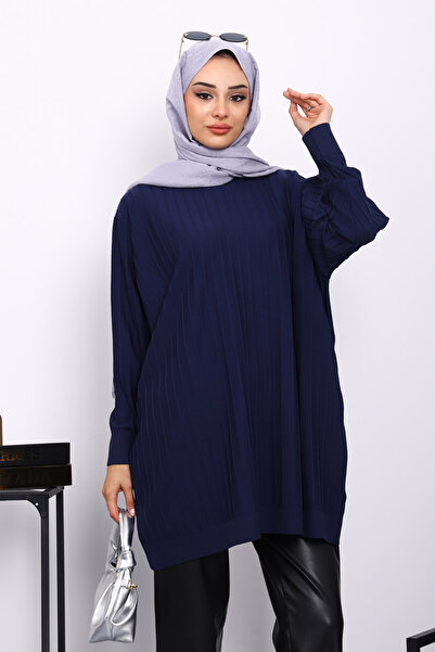 İmajButik Navy Blue Mercerized Ribbed Casual Tunic