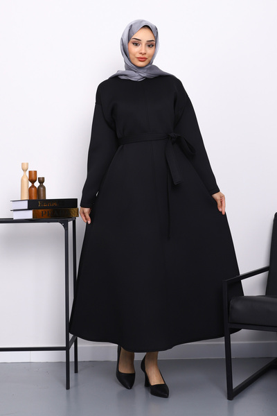 İmajButik Μαύρο φόρεμα κατάδυσης με ζώνη στη μέση