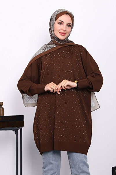 İmajButik Καφέ τουνίκ με λαιμόκοψη και κεντημένο με πέτρα