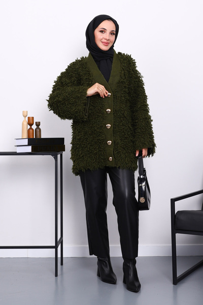 İmajButik Khaki Buttoned Angora Cardigan