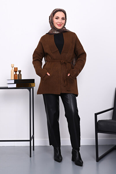 İmajButik Καφέ πλεκτή ζακέτα με τσέπες στη μέση