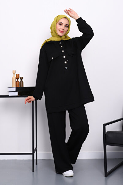 İmajButik Μαύρο Σετ Παντελόνι Τουνίκ με Λεπτομέρεια Κουμπώματος