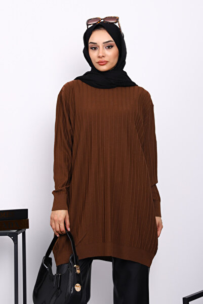İmajButik Brown Mercerized Ribbed Casual Tunic