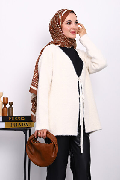 İmajButik Krem Ön Bağlamalı Angora Yumoş Hırka