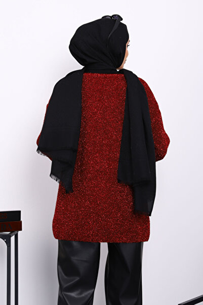 İmajButik Burgundy Belted Glitter Cardigan