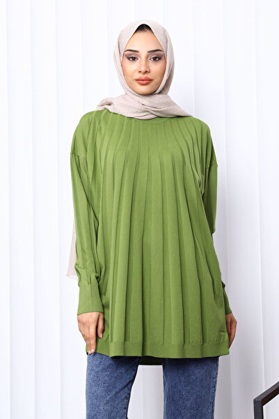 İmajButik Green Crew Neck Mercerized Knitwear Tunic