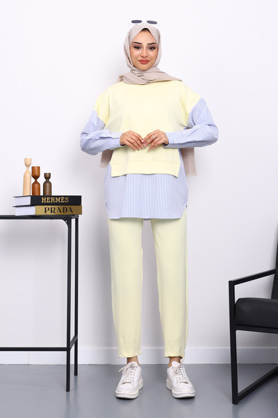 İmajButik Yellow Shirt Garnished Modal Tunic Trouser Set