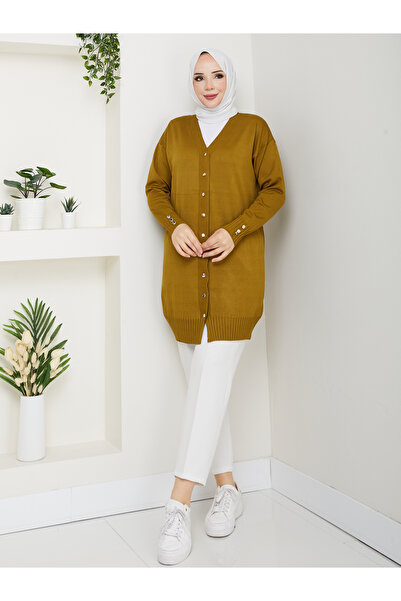 KMKkombin Women's Buttoned Sleeve-Ended Ribbed Knit Cardigan