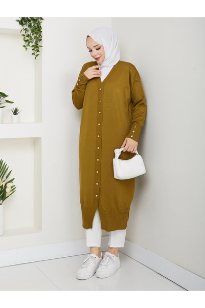 KMKkombin Women's Long Sleeve Buttoned Long Terry Cardigan