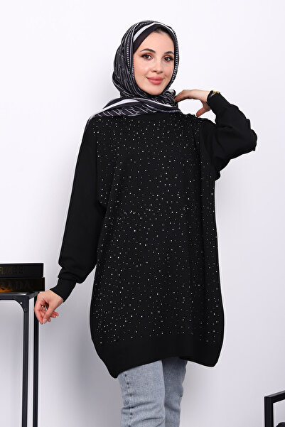 İmajButik Siyah Bisiklet Yaka Taş İşlemeli Tunik