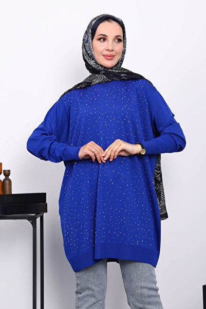 İmajButik μπλε κοβαλτίου Μπλε τουνίκ με λαιμόκοψη με πέτρα