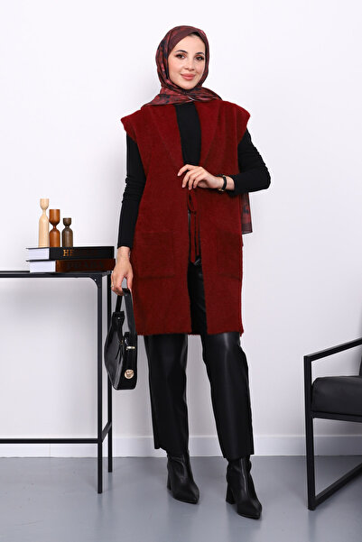İmajButik Burgundy Angora Soft Vest with Front Tie and Pockets