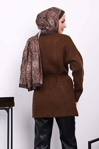 İmajButik Καφέ πλεκτή ζακέτα με τσέπες στη μέση