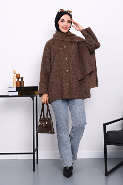 İmajButik Angora Jacket with Brown Scarf Detail and Buttons