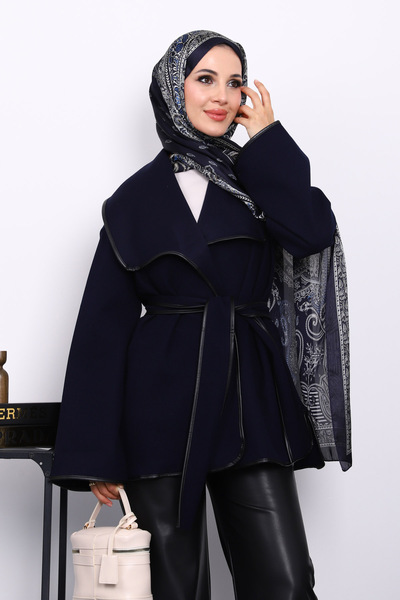 İmajButik Navy Blue Leather Trim Shawl Collar Cashmere Jacket