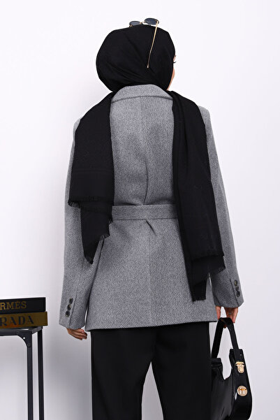 İmajButik Gray Belted Lined Short Cashmere Coat