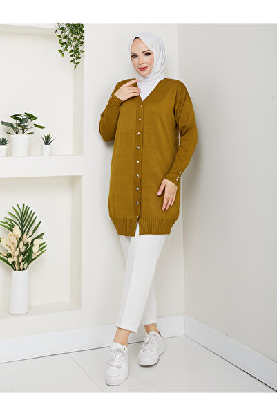 KMKkombin Women's Buttoned Sleeve-Ended Ribbed Knit Cardigan