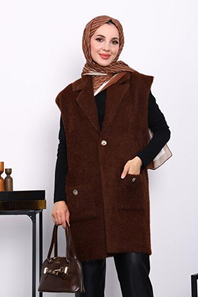 İmajButik Кафяв дълъг ангорски мек кардиган с джобове