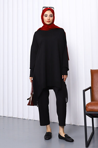 İmajButik Black Crew Neck Tulle Detailed Tunic