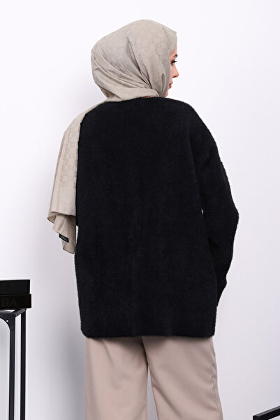 İmajButik Μαύρη μαλακή ζακέτα Angora με κορδόνι μπροστά