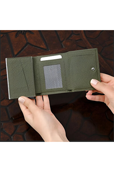 MODA محفظة حامل بطاقات من الجلد الطبيعي باللون الكاكي - مزودة بآلية، غطاء مزد...