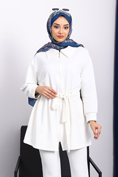 İmajButik Ecru Tie-Waist Modal Tunic Trouser Set