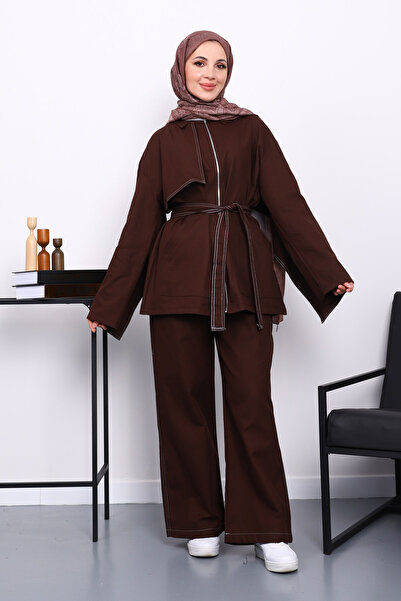 İmajButik Brown Zippered Gabardine Jacket and Pants Set