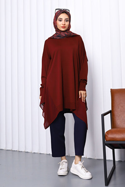 İmajButik Burgundy Crew Neck Tulle Detailed Tunic