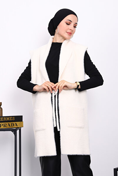 İmajButik Cream Angora Soft Vest with Front Tie and Pockets