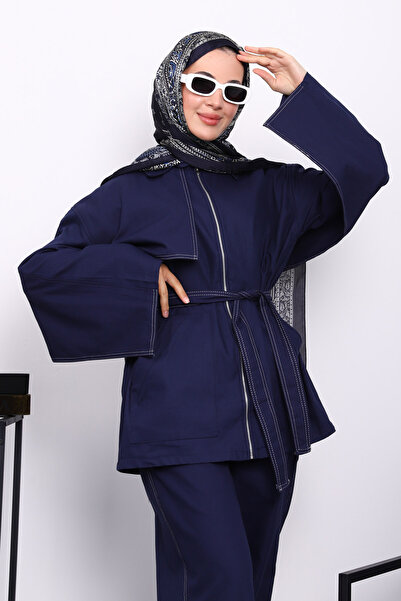 İmajButik Синій габардиновий піджак на блискавці з брюками