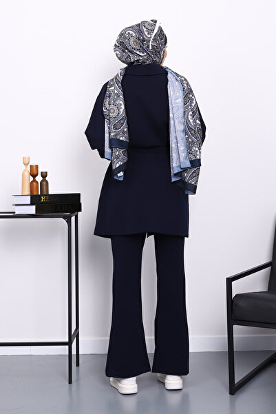 İmajButik Σετ παντελόνι μοντέρνο με δεμένο μέση σε μπλε ναυτικό χρώμα