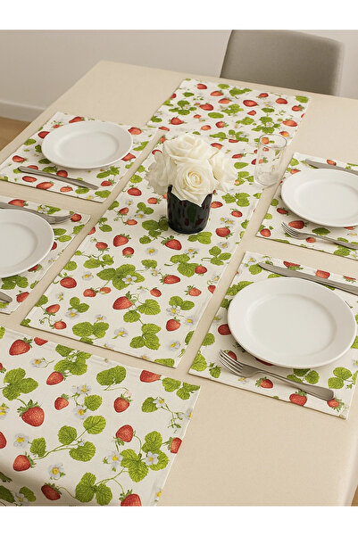 JOLLY HOME مفرش طاولة بنقشة الفراولة مقاس 35×120 سم مع طقم تقديم أمريكي (لـ 6...