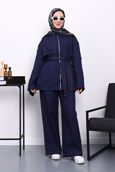 İmajButik Синій габардиновий піджак на блискавці з брюками