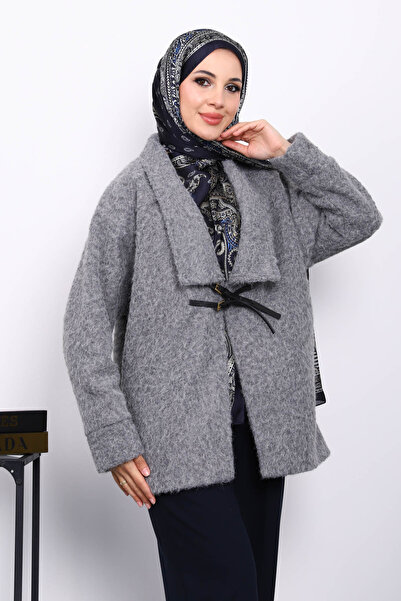 İmajButik Γκρι παλτό με λεπτομέρεια καστανιάς και λεπτομέρεια γκρι ζώνης