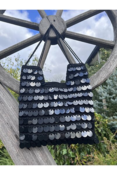 EL YAPIMI Askılı Siyah Pullu Çanta